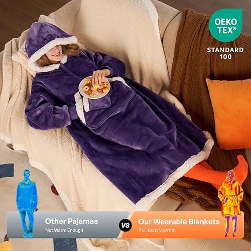 Giggling Getup Wearable Blanket Hoodie for Women Men Gifts for Women Mom Wife Sherpa Fleece Long Hooded Blanket Sweatshirt Cozy Sherpa Wearable Throw with Pocket & Sleeves for Adult Standard Purple thumbnail 7