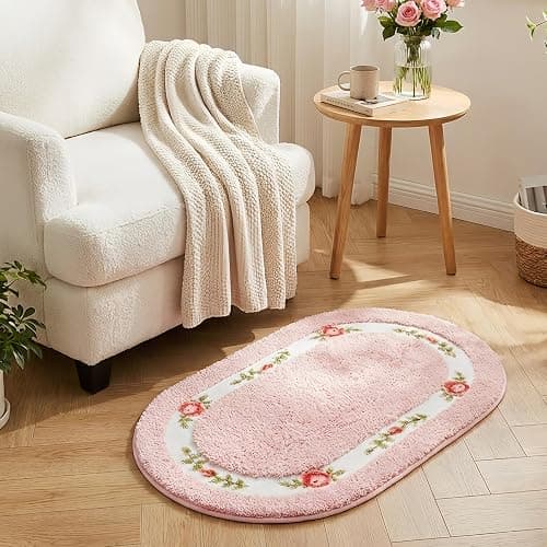 QMEAKMONY Bathroom Rugs Romantic Rose Flower Shaggy Area Rugs for Living Room Bedroom Kitchen Non Slip Absorbent Bath Mat Door Mat Washable(Pink,16x24 in) - Image 1