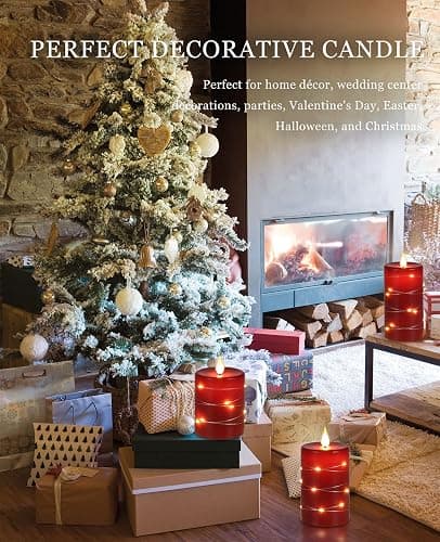 Fanzir Red flameless Candles with Remote Control Timer Battery Operated LED Pillar Candles 4‘’ 5‘’ 6‘’ Fake Candles with String Lights Set of 3 for Christmas or Special Festivals Decorations thumbnail 5