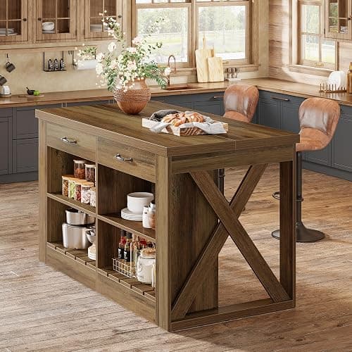 Tribesigns Kitchen Island with Storage and Seating, 55" Farmhouse Stationary Island Table, Wooden Kitchen Bar Table with 2 Drawers and Open Shelf, Brown thumbnail 4