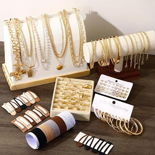 FANDY 137 Pieces Gold Jewelry Set for Women, 12 Necklace, 14 Bracelet, 21 Earrings, 24 Knuckle Rings, 16 hair clips, 50 hair ties  Gold Plated Jewelry set for Women Gift thumbnail 6