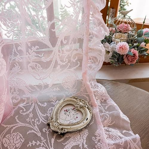 TUDECO Pink Lace Curtains 84 Inch Long, Romantic Ruffle Edges, 2 Panels | Light Pink, Coquette Princesscore Look, Vintage Floral, Bedroom Living Room Decor, Soft Light Filtering, Semi-Privacy thumbnail 7