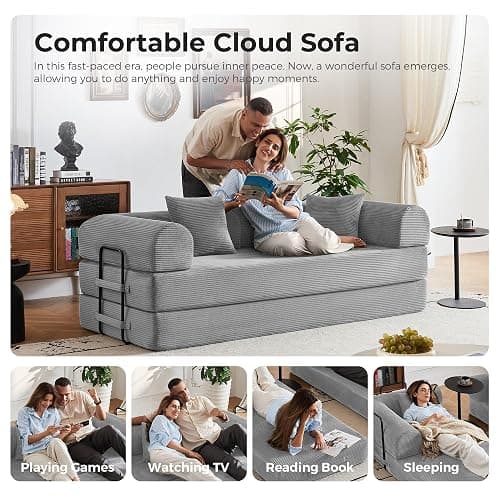 Bsxupke 79" 5-in-1 Convertible Sofa Bed No Assembly, Boneless Couch Bed with High Density Foam, Foldable Sleeper Sofa, Corduroy Modular Couch for Apartment, Studio, Dorm Room, Small Space, Light Grey thumbnail 8