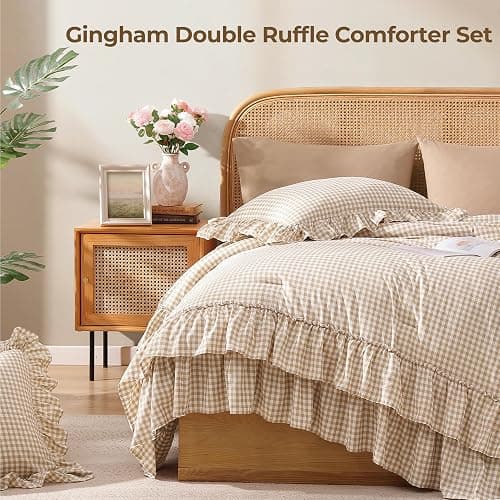AMBERSPACE King Size Comforter Set Gingham Ruffle Tan 7 Pieces Bed in a Bag | Farmhouse Shabby Chic Fluffy Bedding Sets with Sheets, Pillowcases & Shams thumbnail 3
