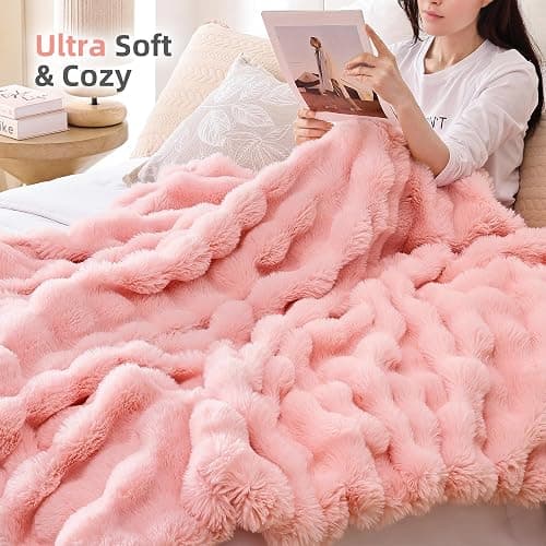 Smoofy Faux Fur Blanket Rabbit Fleece - Blush Pink Fluffy Blanket for Sofa, Cozy Soft Plush Throw Blanket for Couch Bed, Luxury Thick Fuzzy Couch Blanket for Winter, Comfy Bubble Blanket - 50" x 60" - Pink - Throw(50" x 60") thumbnail 4
