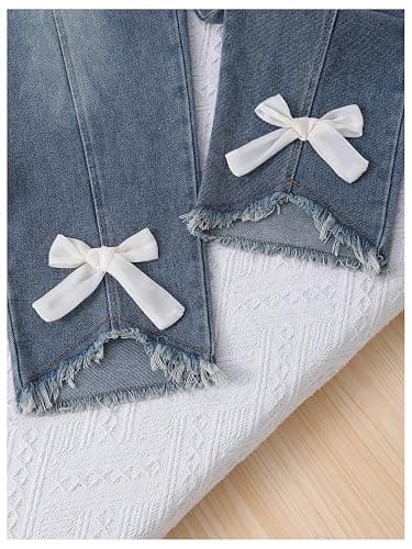 Verdusa Cute Outfits for Girls 10-12 Bows Summer Clothes Graphic Tees with Straight Leg Jeans Set - 8 Years - Pink thumbnail 4