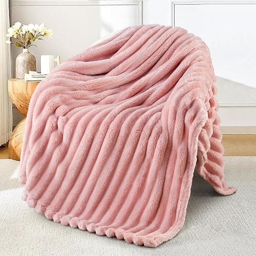 Exclusivo Mezcla Fleece Throw Blanket for Couch, Super Soft Striped Jacquard Bed Blanket, Lightweight Fuzzy Cozy for All Seasons, 127x152 CM, Pink - Image 1