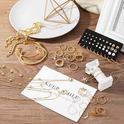 IFKM Gold Plated Jewelry Set for Women,14k Gold Plated Multi Layer Necklaces Stackable Bangle Bracelets Stackable Knuckle Rings Hoop Earrings Set Anniversary Trendy Elegance Charms Anniversary Birthday Jewelry Gift thumbnail 6