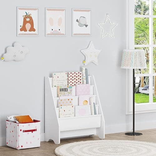 UTEX Kids Bookshelf Storage, Book Shelf for Kids Rooms, 4 Tier Sling Toddler Bookshelf, Magazine Book Rack, Children Book Organizer, White thumbnail 5
