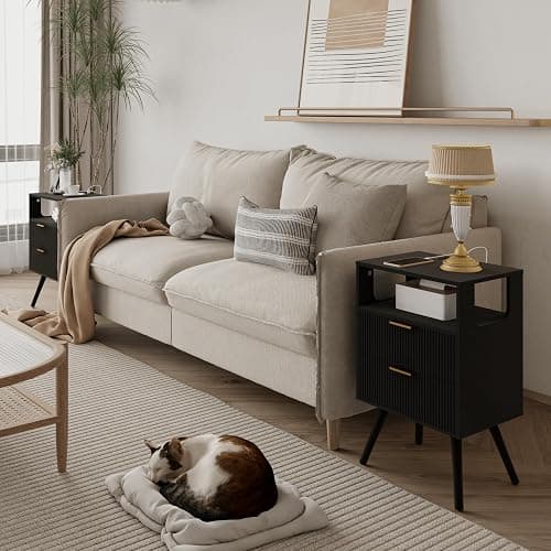 JOONEE Black Nightstand with Charging Station and LED Lights,Modern Bedside Table with 2 Storage Drawer and Open Wood Shelf, for Bedroom and Small Spaces,Night Stand with Solid Wood Legs,Black thumbnail 3