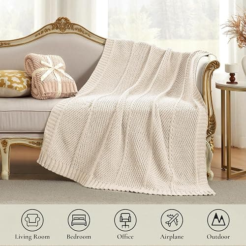 Amélie Home Chevron Chenille Knit Throw Blanket for Couch, Cozy Texture Decorative Soft Blanket for Sofa & Chair, 50"x60", Ivory thumbnail 2