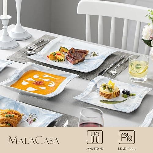 MALACASA Dinnerware Sets for 6, 30 Piece Porcelain Plates and Bowls Sets, Square Dish Set with Dinner Plate and Bowl, Cup and Saucer, Blue Dishes Dinnerware Set, Modern Dishware Sets, Series Flora thumbnail 4