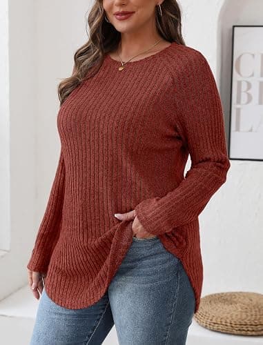 Saloogoe Long Sleeve Shirts for Women 2025 Fall Clothes Tunic Tops Loose Fit Dressy Crewneck Pullover Sweaters Curved Hem thumbnail 3