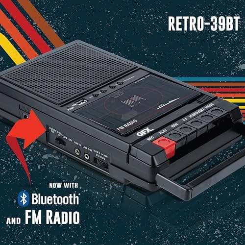 QFX RETRO-39 Portable Shoebox Cassette Tape Recorder – USB to Cassette Recording, Built-in Microphone, 3.5" Bluetooth Speaker, FM Radio, MP3 Playback, Line-in/Out, AC/Battery Powered thumbnail 5