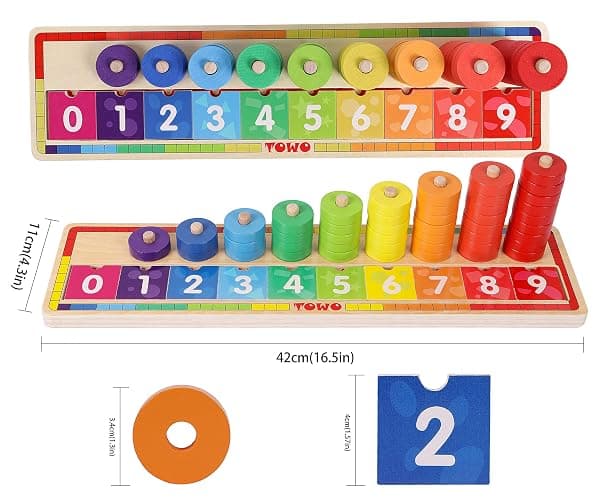 TOWO Wooden Stacking Rings and Counting Games with 45 Rings Number Blocks- Counting Ring Stacker-Wooden Sorting Counting Toy for 3 Years Old Kids Maths Learning Montessori Materials thumbnail 2