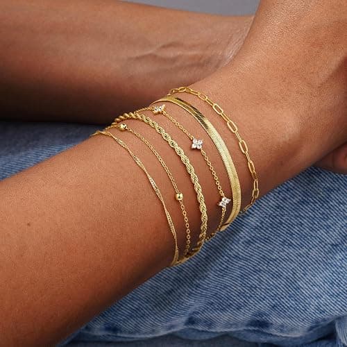 M MOOHAM Gold Bracelets Set for Women No Tarnish | 14K Gold Plated, Dainty Stackable Bracelets Stack for Women, Herringbone Paperclip Rope Cuban Chain Bracelet Set Stack thumbnail 2