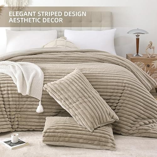 Smoofy Fluffy King Size Comforter Set 3 Pieces - Linen Fleece Fluffy Comforter Set, Luxury Fuzzy King Bedding Set, Soft King Bed Set All Season, Heavy Faux Fur Comforter with 2 Pillow Cases thumbnail 3