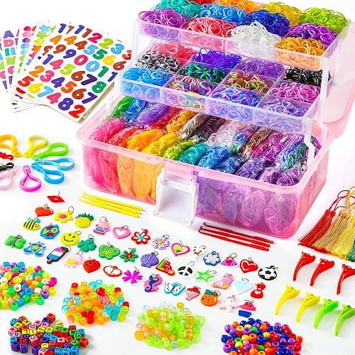 INSCRAFT 17500+ Rubber Loom Bands with 3 Layer Pink Container, 28 Colors, 600 S-Clips, 352 Beads, 40 Cartoon Pendant, Bracelet Making Refill Kit for Kids - Image 1