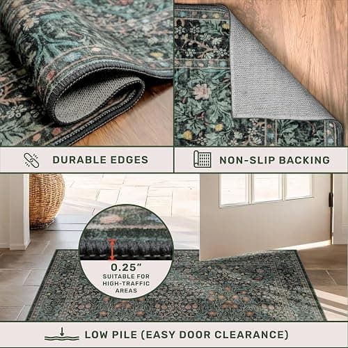 Vintage Dark Green Living Room Rug, 8x10 Washable Area Rugs for Dining Room Under Kitchen Table, Bedroom, Oriental Low Pile Stain Resistant Non-Slip Large Carpet (8x10 Dark Green) thumbnail 6