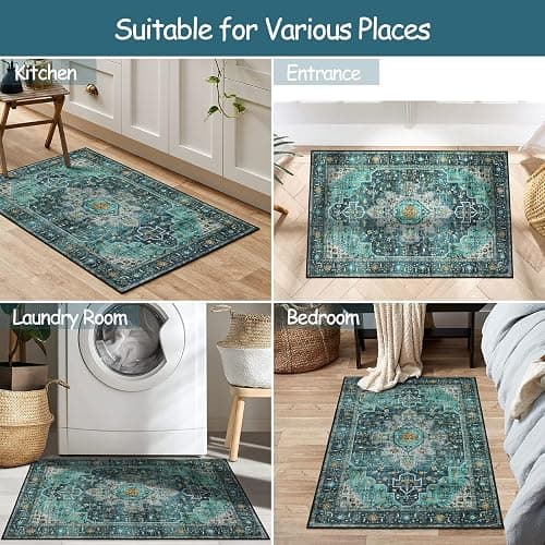 Moynesa Ultra-Thin Washable Area Rug - 2x3 Teal Small Entryway Rug Front Indoor Doormat, Boho Non-Slip Stain Resistance Low Pile Accent Carpet for Kitchen Bathroom Home Laundry Room Hall Decor thumbnail 5