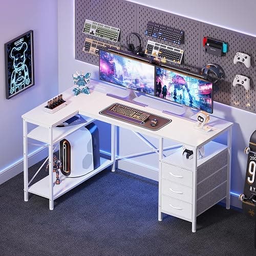 Huuger L Shaped Office Desk with Power Outlets, 47 Inch Computer Desk with 3 Drawers, Shelves, for Gaming, Corner Work, Home Office, Study, White thumbnail 8