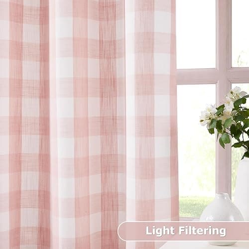 Jubilantex Buffalo Check Semi Sheer Curtain Panels Pink White Gingham Curtains Farmhouse Grommet Window Drapes for Living Room Bedroom 40"x95",2 Panels thumbnail 2