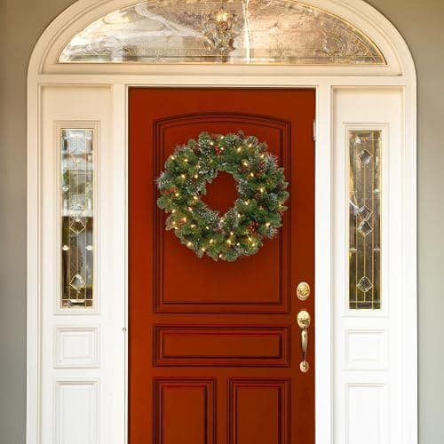 National Tree Company Pre-Lit Artificial Christmas Wreath, Green, Carolina Pine, White Lights, Decorated with Pine Cones and Glitter, Berry Clusters, Christmas Collection, 30 Inches | 70 Clear Lights, 200 Tips, Artificial Christmas Decoration With Glitter, Pinecones, Red Berries, Green thumbnail 2