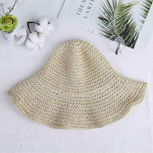 Women Straw Hat Wide Brim Beach Sun Cap Foldable Large Lady Floppy 100% Natural Paper Braided for Travel Decoration Summer Vacation Soft Lightweight and Breathable (Beige) thumbnail 2