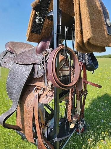 Rolling Horse Saddle Rack Cart Foldable Saddle Pad Rack Stand 3 Tier Heavy Duty with Removable Saddle Stands & Storage Basket, Horse Tack Organizer for Stable Storage, Moving, Transport Supplies thumbnail 5