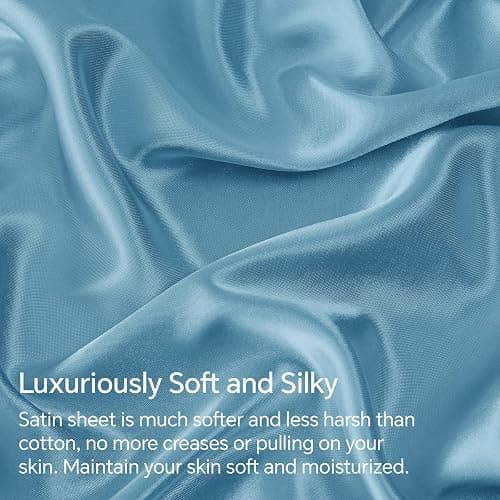 BEDELITE Satin Sheets Queen Size Bed Set, Airy Blue, 4 Pieces | Luxury Silky Bed Sheets, 15 Inch Deep Pocket, Similar to Silk, Soft and Cooling, Reduces Friction, Gentle on Hair and Skin thumbnail 3