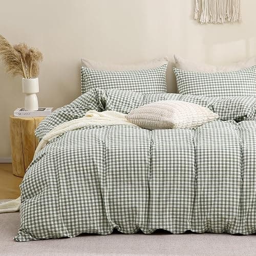 TOCOMOA Green Gingham Duvet Cover Bedding Set 100% Washed Cotton Like Linen Feel Super Soft Comfortable 3 Piece Vintage Plaid Checkered Comforter Cover Set (King 104"x90", Comforter Not Included) - Image 1