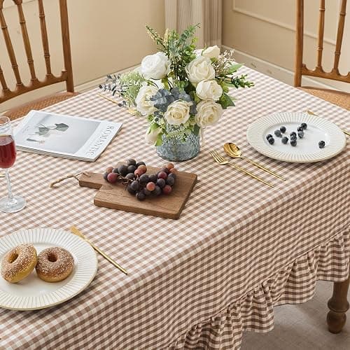 Fiokle Gingham Ruffled Tablecloth Rectangle Cotton Style, Taupe 52x70 | Farmhouse Checkered Table Cloth, Washable Shrinkle & Wrinkle Free Plaid Table Cover for Dinner, Holiday, Party thumbnail 8