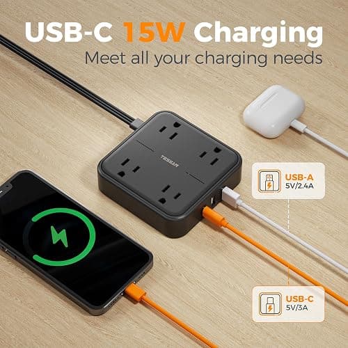 Surge Protector Flat Extension Cord 10FT, TESSAN Flat Plug Power Strip with 4 Outlets 3 USB Ports (1 USB C), 900 Joules Protection, Multiple Wall Outlet Extender Suitable for Home Office Dorm, Black thumbnail 3