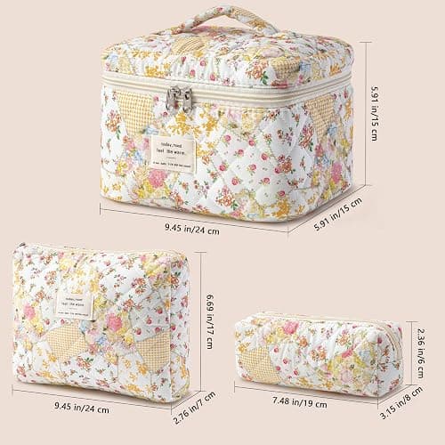 HBselect 3 PCS Quilted Makeup Bag, Cotton Large Travel Makeup Bag, Cute Floral Coquette Make up Bag Cosmetic Bag Toiletry Bag for Women Girls thumbnail 5