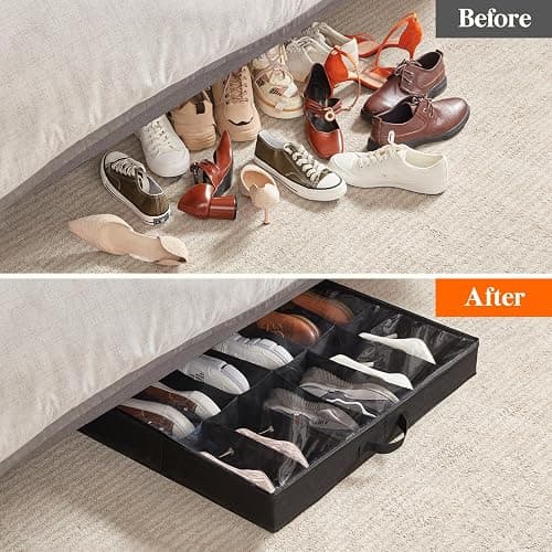Lifewit Under Bed Shoe Storage Organizer Set of 2, 4.3 Inches Tall Low Profile Fabric Shoes Container Box with Clear Cover, Foldable Storage Bag with 2 Handles, Total Fits 24 Pairs of Shoes, Black thumbnail 7