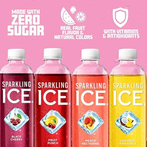Sparkling Ice Pink Variety Pack, Flavored Sparkling Water, Zero Sugar, and Vitamins and Antioxidants, 17 fl oz, 12 count (Black Cherry, Peach Nectarine, Coconut Pineapple, Fruit Punch) thumbnail 5