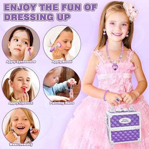99 Pcs Kids Makeup Kit for Girls, Princess Toys Real Washable Cosmetics Set with Mirror, Hair Ties, Nails, Rings, Earrings, Necklace, Perfect for 3 4 5 6 7 8 Year Old Girls Birthday thumbnail 6