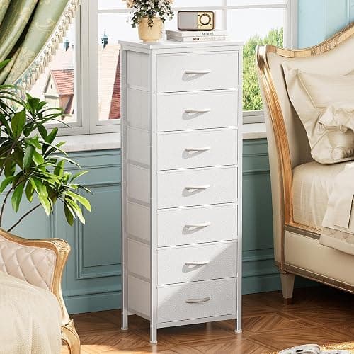 Huuger Tall Dresser for Bedroom, 7 Drawer Dresser & Chests of Drawers, Fabric Drawer for Closet, Bedroom, Night Stand, Metal Frame, Storage Tower with Fabric Bins, White thumbnail 5