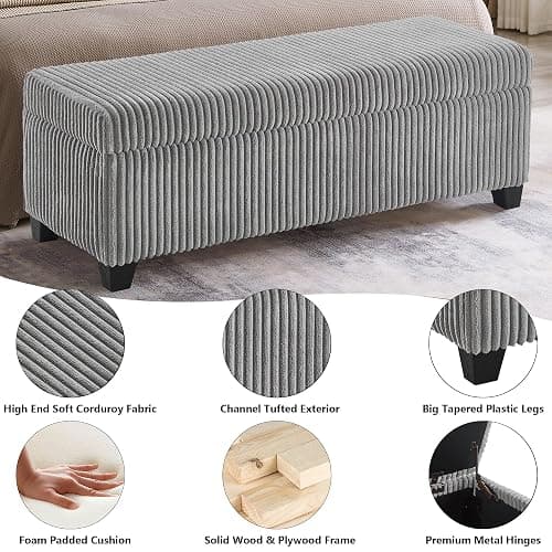 mikibama Corduroy Storage Ottoman Bench,Bed End Ottoman Bench with Storage,48" Long Storage Benches for Bedroom,Living Room,Entryway,Window,Mid Century Modern Storage Chest (Grey, 48") thumbnail 4