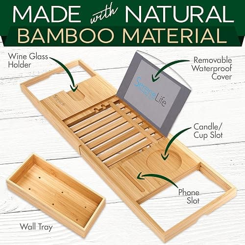 SereneLife Luxury Bamboo Bathtub Caddy Tray - Adjustable Natural Wood Bath Tub Organizer with Wine Holder, Cup Placement, Soap Dish, Book Space & Phone Slot for Spa, Bathroom & Shower SLBCAD20 thumbnail 4