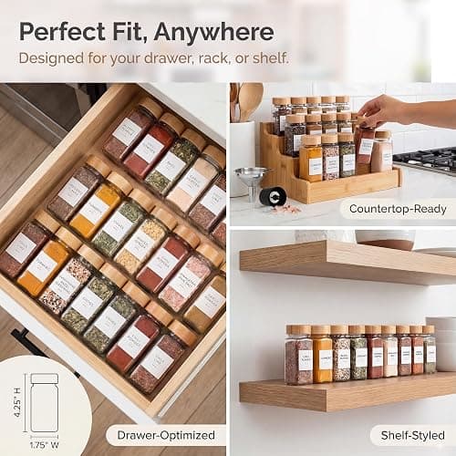 SAVVY & SORTED Glass Spice Jars with Label, 24PK Bamboo Jar Spices Set 4oz, 374 Spice Labels, Pepper Grinder, Empty Herb Seasoning Containers, Funnel and Shaker Lids thumbnail 2