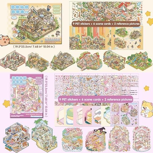 12 Sets of Big DIY 3D Sticker Scene, 2 Sticker Books of Cute Kawaii Animals and Party 3D Scene Stickers, Make Your Own DIY Miniature House Scenes for Stress Relief thumbnail 4