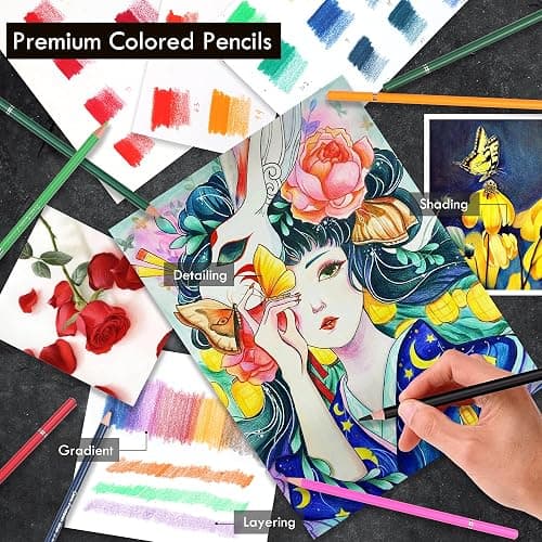 KALOUR 180 Colored Pencil Set for Adults Artists - Rich Pigment Soft Core -12 Metallic Pencil - Ideal for Coloring Drawing Sketching Shading Blending - Vibrant Color（Tin Case） thumbnail 4