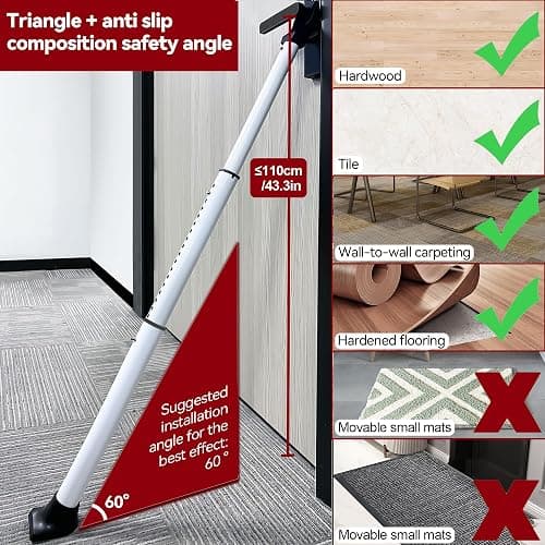 AceMining Upgraded Door Security Bar & Sliding Patio Bar, Heavy Duty Stoppers Adjustable Jammer for Home, Apartment, Travel (1 Pack,White) thumbnail 6