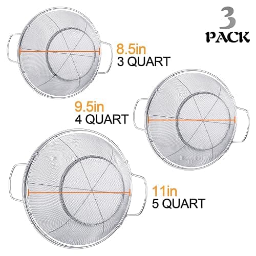 3 Pack 18/8 Stainless Steel Colander Sieves(5-Quart, 4-Quart and 3-Quart), Mesh Strainer Net Baskets with Handles & Resting Base for Strain, Drain, Rinse or Steam thumbnail 3