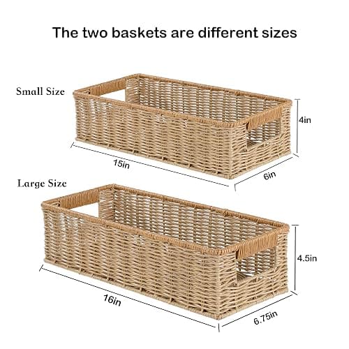 Rectangular Toilet Paper Baskets, 16 ¼"L x 6 ¾"W x 4 ½"H Nesting Plastic Wicker Basket with Built-in Handles, Woven Long Narrow Baskets for Pantry Bathroom Toilet Tank Top Countertop, 2 Pack thumbnail 3