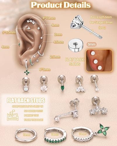 MILACOLATO Hypoallergenic Flat Back Earrings 14K Gold Plated Cartilage Earring Sets for Multiple Piercing 20G Surgical Stainless Steel Earrings for Women Trendy Earring Stacks Small Hoop Flatback Stud Earrings thumbnail 2