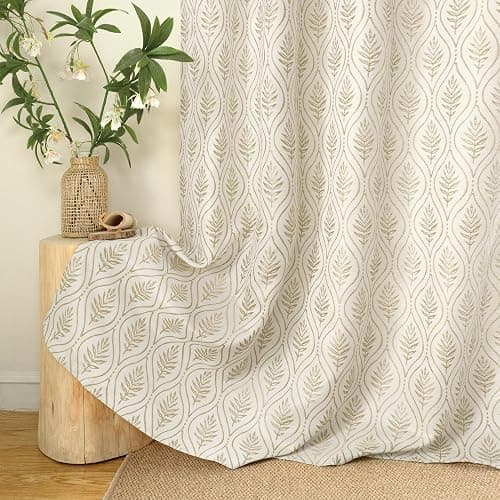 BGment Beige Linen Curtains for Living Room, French Country Leaf Jacquard Botanical Pattern Cottage Core Boho Vintage Grommet Light Filtering Semi Sheer Linen Curtains, 2 Panels, 52 x 84 Inch thumbnail 6