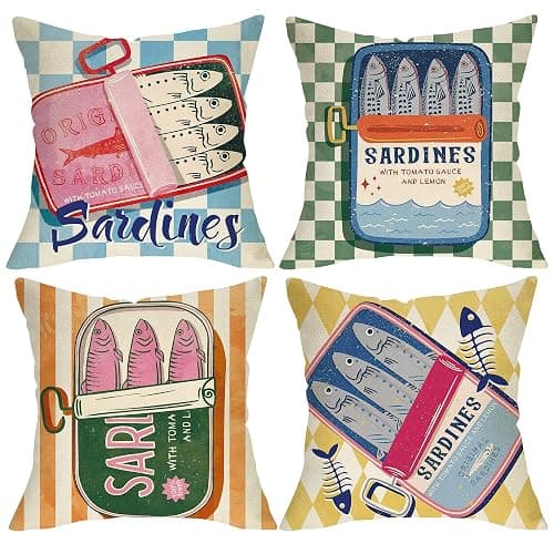 Fjfz Sardines Can Decorative Throw Pillow Covers 18 x 18 Set of 4, Beach Coastal Fish Fisherman Aesthetic Porch Outdoor Home Decor, Retro Nautical Plaid Stripes Argyle Sofa Couch Cushion Case - Image 1