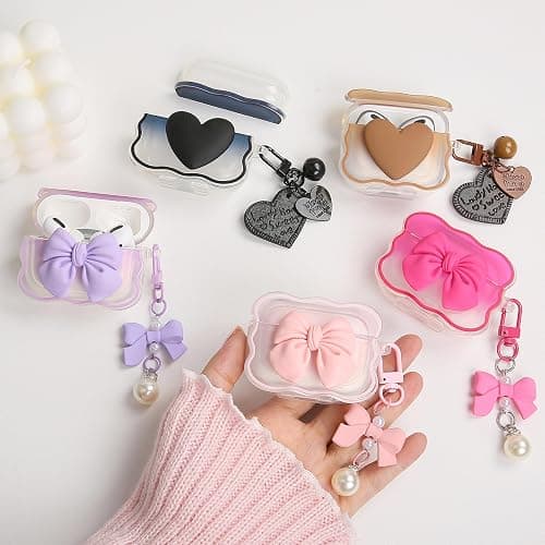 QLD COVER Compatible with Apple AirPods 4 Generation 2024 Case Cover, Cute 3D Bow Tie Design Shockproof Soft Clear TPU Kawaii Airpods 4 Protector with Keychain for Women Girls, Pink Bow thumbnail 9